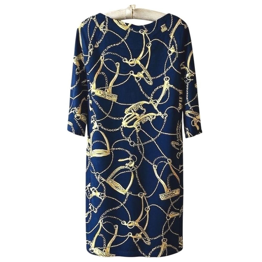 J.McLaughlin XS Navy‎ Blue Gold Equestrian Horse Bit Chain Shift Dress - CJ